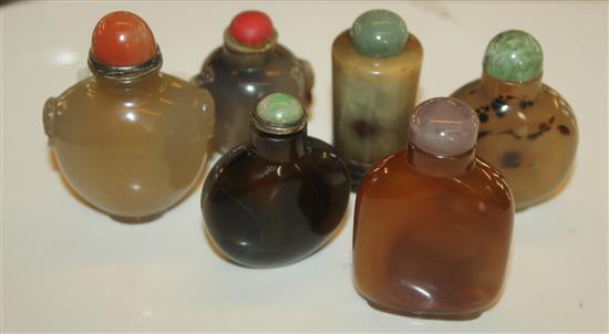 Six Chinese agate snuff bottles, 2 with carved handles, one cylindrical with metal base